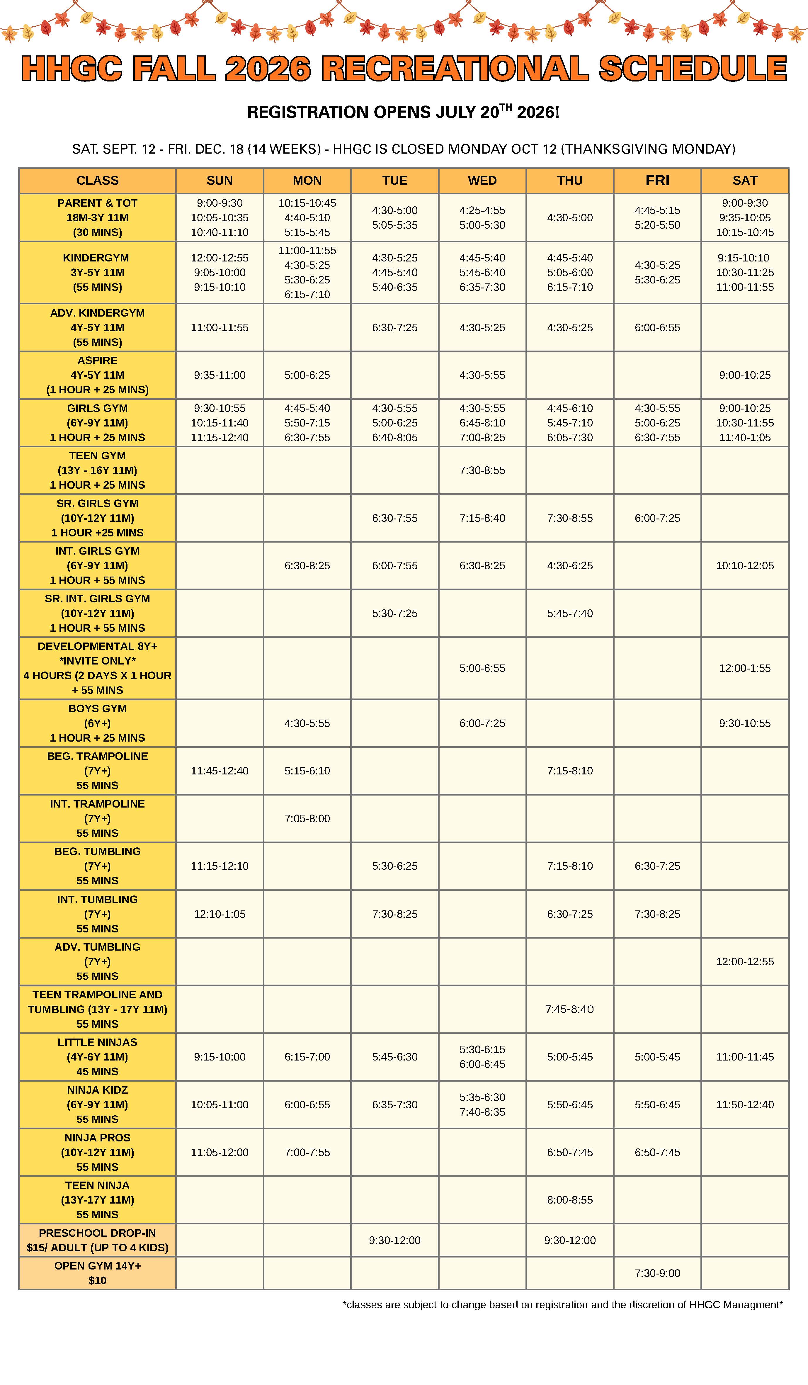 Fall 2026 Schedule PDF